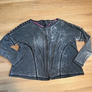 Betsey Johnson Performance Gray Acid Wash Lattice Shoulder Top XL Long Sleeve